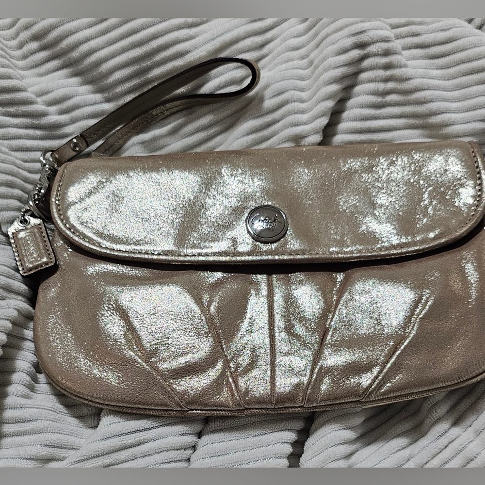 Coach Poppy Metallic Champagne Leather Wristlet Clutch